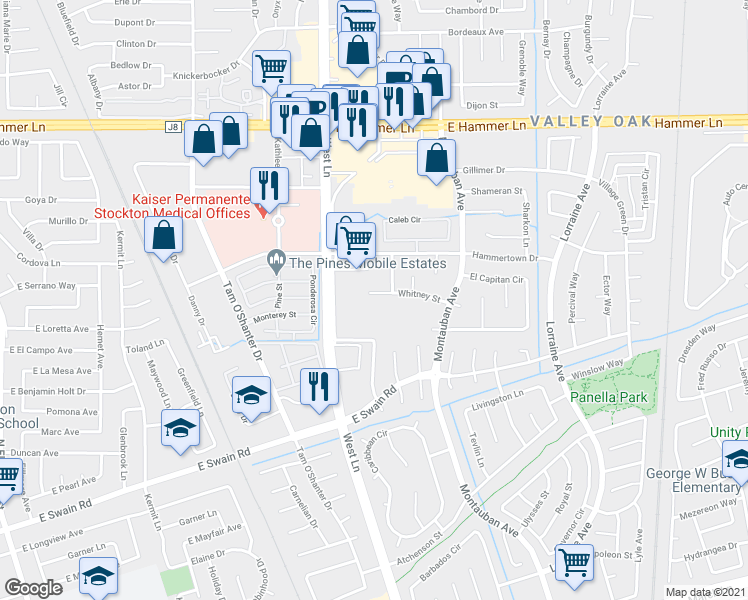 map of restaurants, bars, coffee shops, grocery stores, and more near 1548 Whitney Street in Stockton