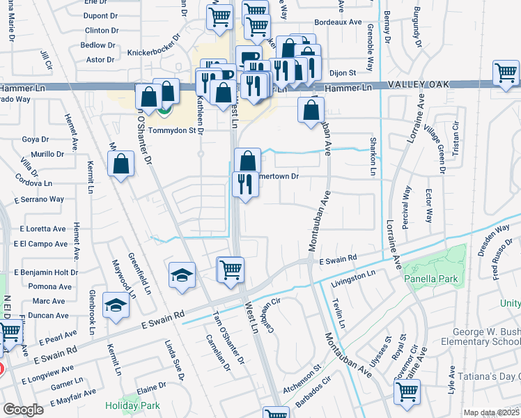 map of restaurants, bars, coffee shops, grocery stores, and more near 6820 West Lane in Stockton