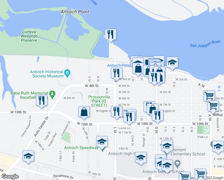 map of restaurants, bars, coffee shops, grocery stores, and more near 1023 West 5th Street in Antioch