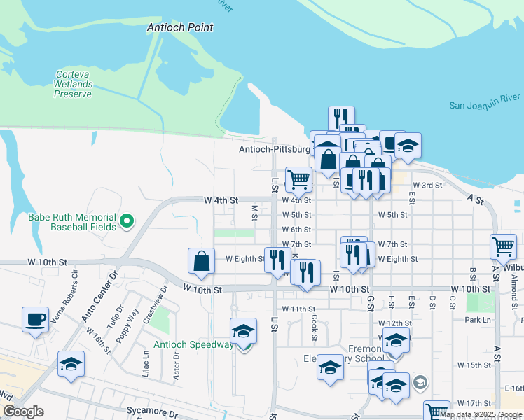 map of restaurants, bars, coffee shops, grocery stores, and more near 1121 West 5th Street in Antioch