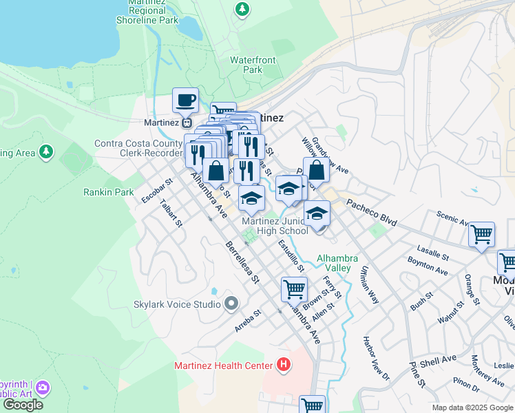 map of restaurants, bars, coffee shops, grocery stores, and more near 1100 Estudillo Street in Martinez