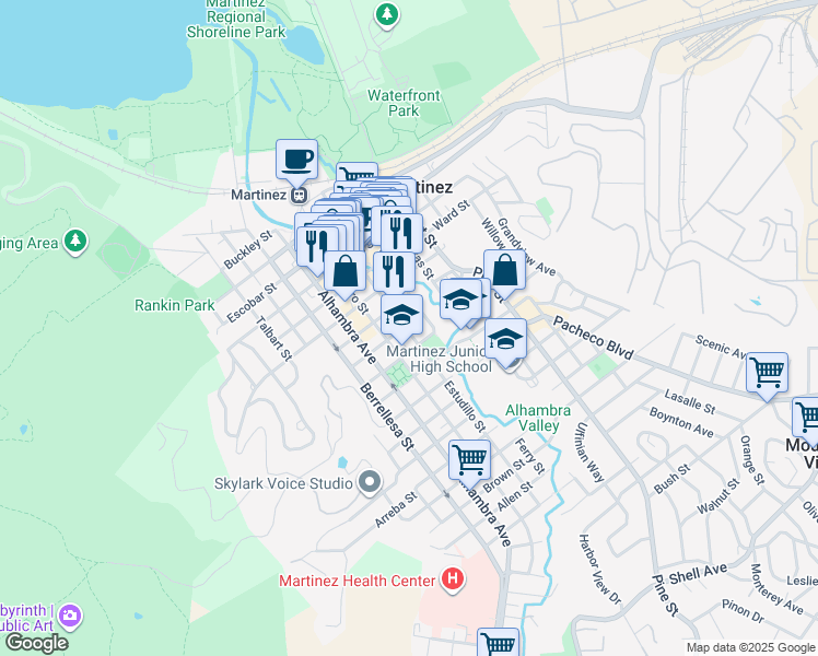 map of restaurants, bars, coffee shops, grocery stores, and more near 1100 Estudillo Street in Martinez