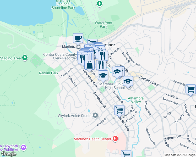 map of restaurants, bars, coffee shops, grocery stores, and more near 1025 Alhambra Avenue in Martinez