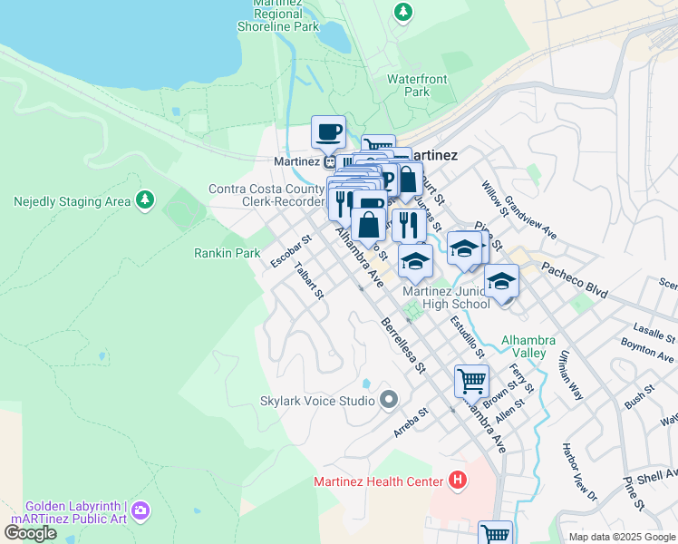 map of restaurants, bars, coffee shops, grocery stores, and more near 221 Green Street in Martinez