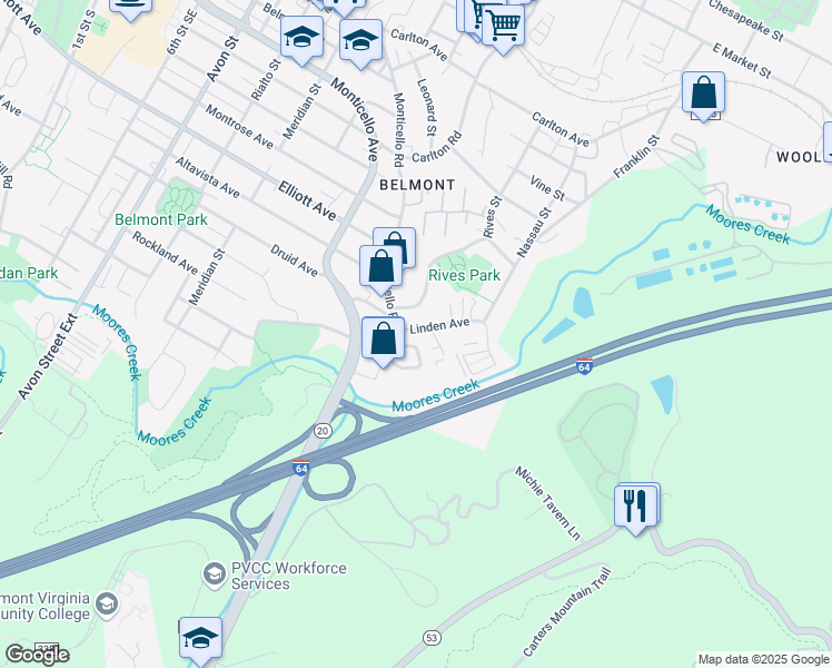 map of restaurants, bars, coffee shops, grocery stores, and more near 1306 Knoll Street in Charlottesville