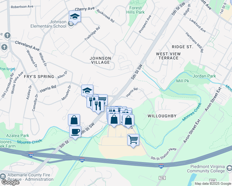 map of restaurants, bars, coffee shops, grocery stores, and more near 164 Old Fifth Circle in Charlottesville