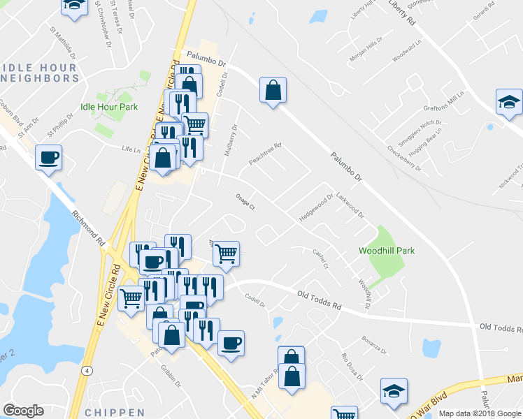 map of restaurants, bars, coffee shops, grocery stores, and more near 246 Osage Court in Lexington