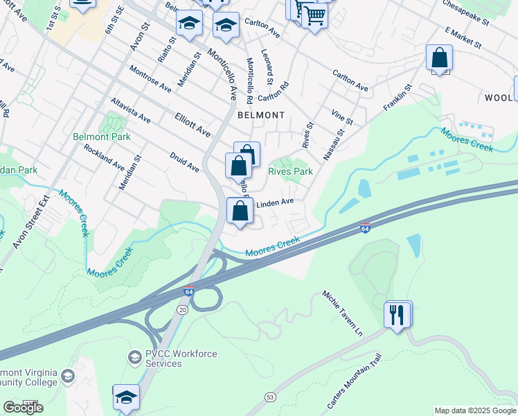 map of restaurants, bars, coffee shops, grocery stores, and more near 1002 Linden Avenue in Charlottesville