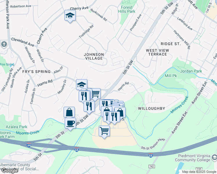 map of restaurants, bars, coffee shops, grocery stores, and more near 164 Old Fifth Circle in Charlottesville