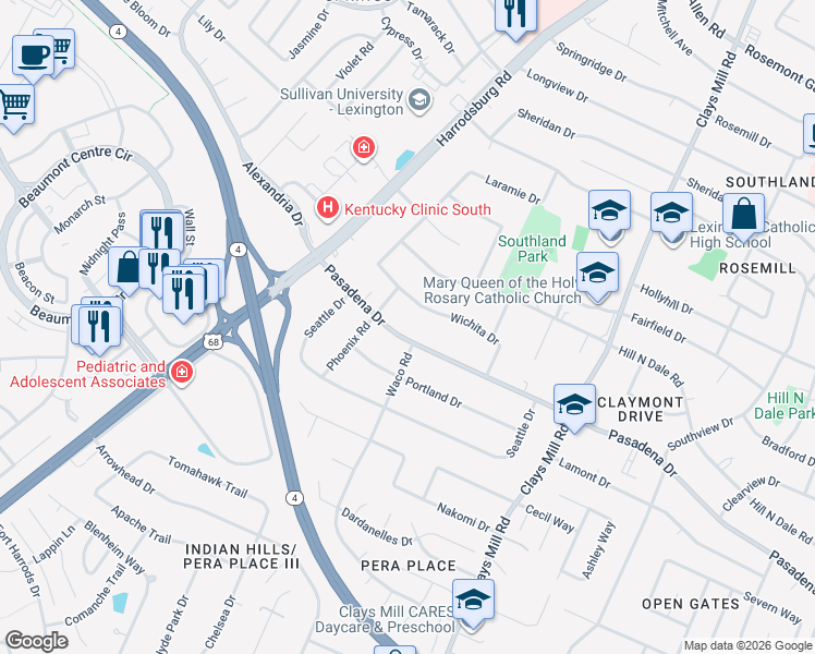 map of restaurants, bars, coffee shops, grocery stores, and more near 689 Pasadena Drive in Lexington