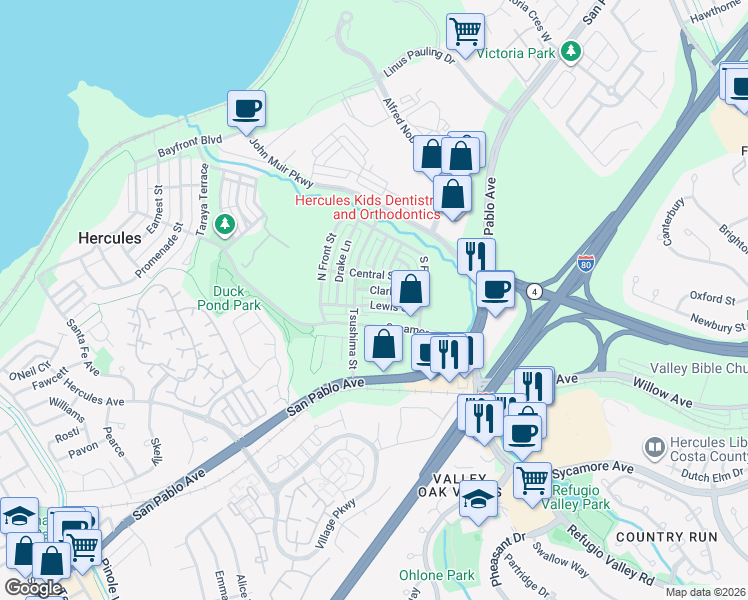 map of restaurants, bars, coffee shops, grocery stores, and more near 2069 Lewis Street in Hercules