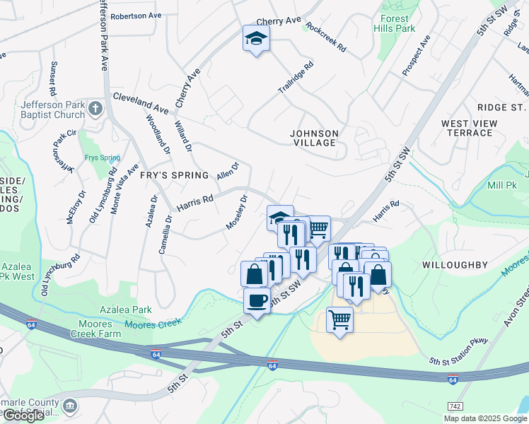 map of restaurants, bars, coffee shops, grocery stores, and more near 101 Longwood Drive in Charlottesville