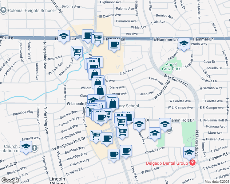 map of restaurants, bars, coffee shops, grocery stores, and more near 717 Brent Avenue in Stockton