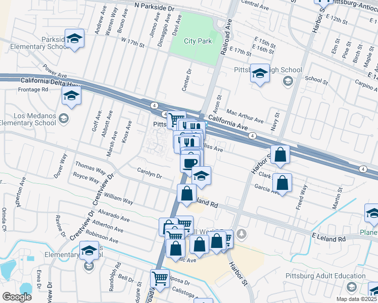 map of restaurants, bars, coffee shops, grocery stores, and more near 2136 Railroad Ave in Pittsburg