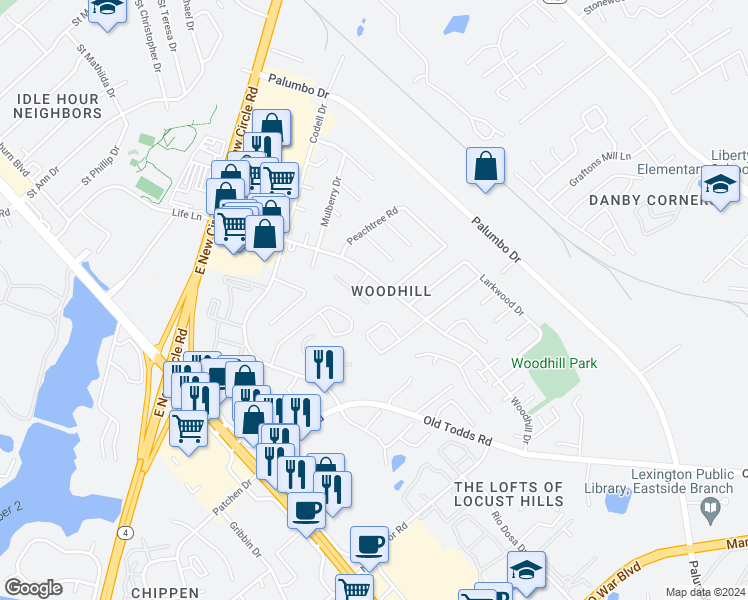 map of restaurants, bars, coffee shops, grocery stores, and more near 262 Osage Court in Lexington