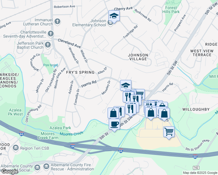 map of restaurants, bars, coffee shops, grocery stores, and more near 506 Moseley Drive in Charlottesville