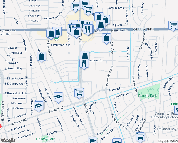 map of restaurants, bars, coffee shops, grocery stores, and more near 6820 West Lane in Stockton