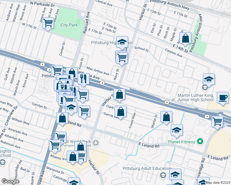 map of restaurants, bars, coffee shops, grocery stores, and more near 2189 Harbor Street in Pittsburg