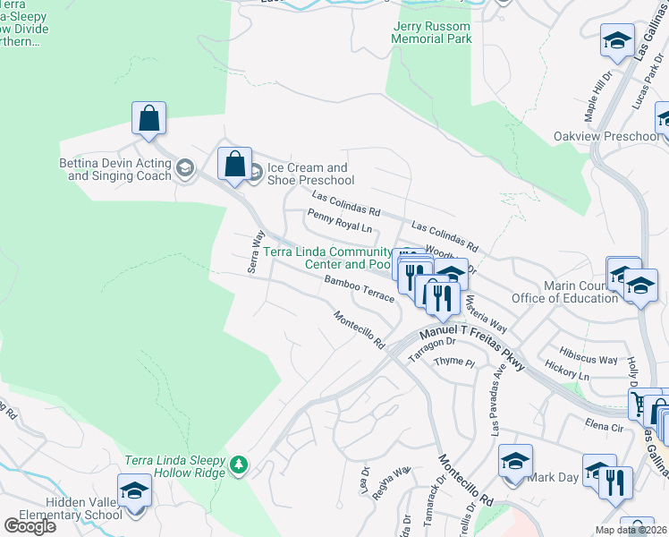map of restaurants, bars, coffee shops, grocery stores, and more near 700 Bamboo Terrace in San Rafael