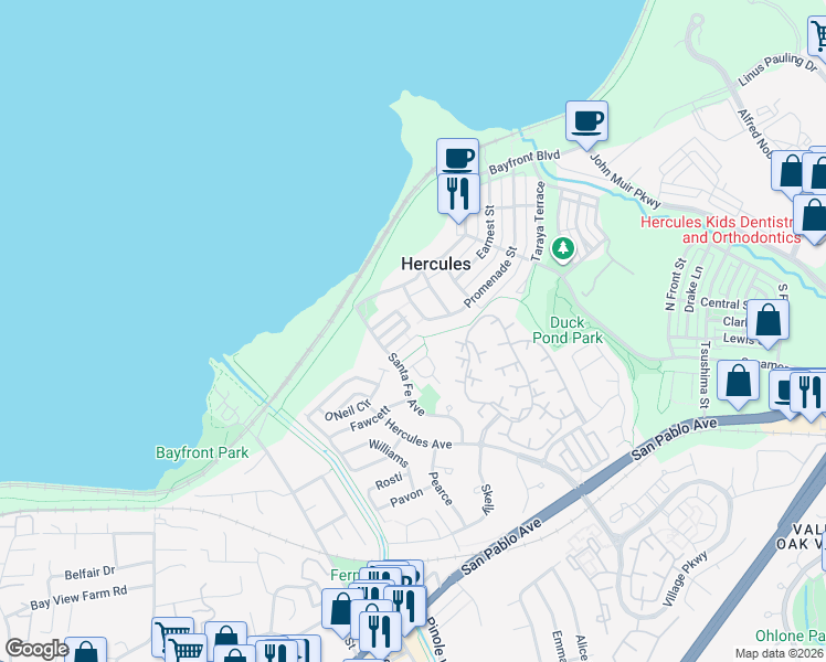 map of restaurants, bars, coffee shops, grocery stores, and more near 139 Camden Lane in Hercules