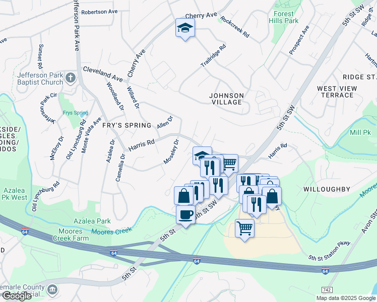 map of restaurants, bars, coffee shops, grocery stores, and more near 103 Longwood Drive in Charlottesville