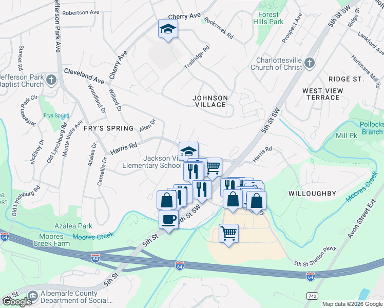 map of restaurants, bars, coffee shops, grocery stores, and more near 498 Harris Road in Charlottesville