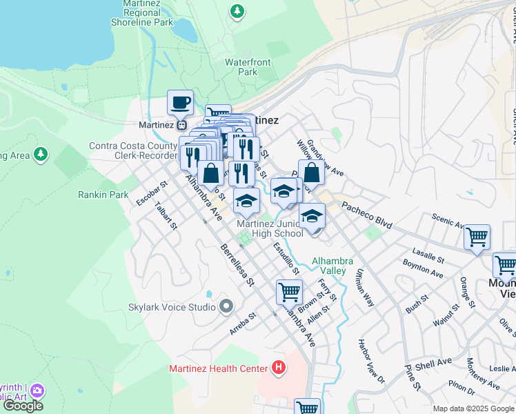 map of restaurants, bars, coffee shops, grocery stores, and more near 724 Mellus Street in Martinez