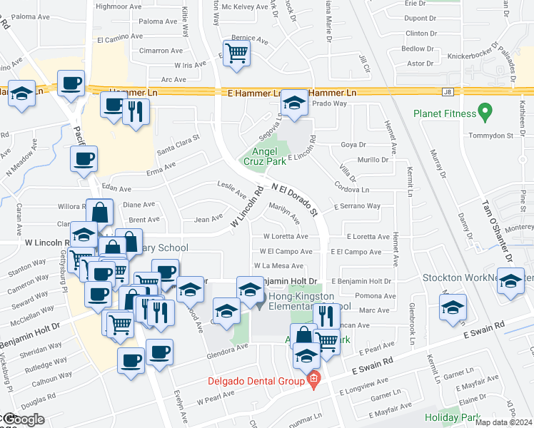 map of restaurants, bars, coffee shops, grocery stores, and more near 116 Marilyn Avenue in Stockton