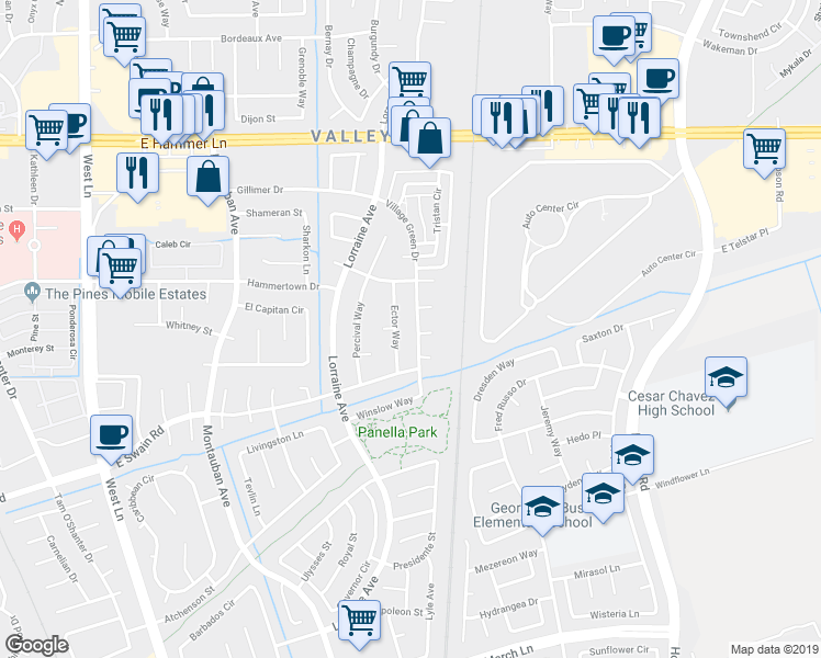 map of restaurants, bars, coffee shops, grocery stores, and more near 6431 Village Green Drive in Stockton