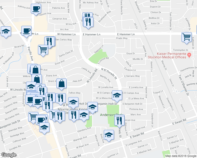 map of restaurants, bars, coffee shops, grocery stores, and more near 44 North Lynda Avenue in Stockton