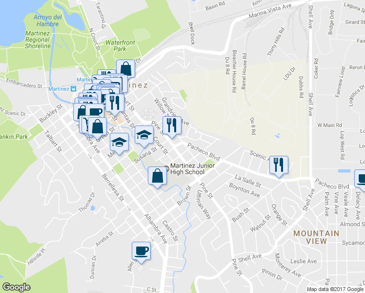 map of restaurants, bars, coffee shops, grocery stores, and more near 1526 Willow Street in Martinez