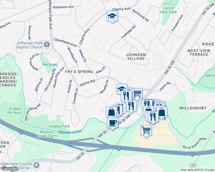 map of restaurants, bars, coffee shops, grocery stores, and more near 514 Moseley Drive in Charlottesville