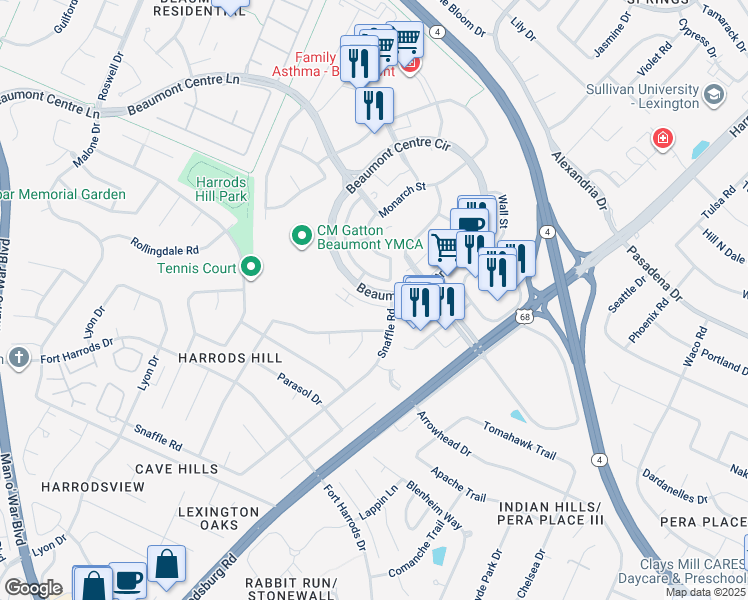 map of restaurants, bars, coffee shops, grocery stores, and more near 3209 Mantilla Drive in Lexington