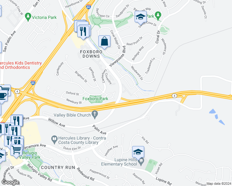 map of restaurants, bars, coffee shops, grocery stores, and more near 121 Worthing in Hercules