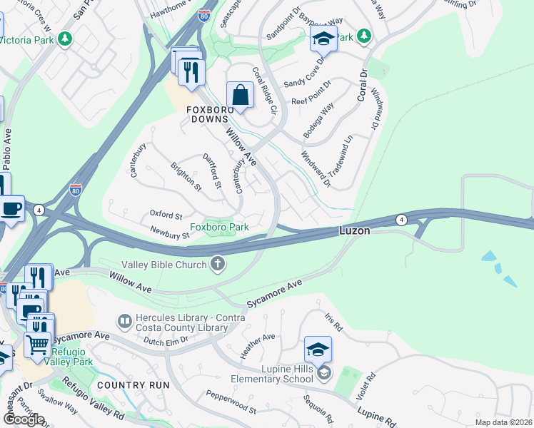 map of restaurants, bars, coffee shops, grocery stores, and more near 121 Worthing in Hercules