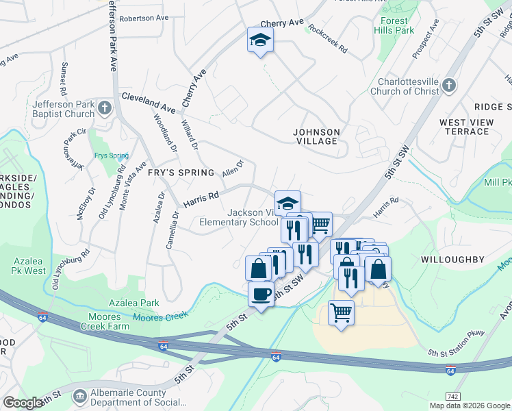 map of restaurants, bars, coffee shops, grocery stores, and more near 105 Longwood Drive in Charlottesville