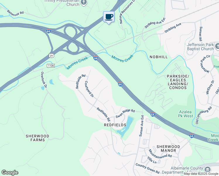 map of restaurants, bars, coffee shops, grocery stores, and more near 513 Pebble Hill Court in Charlottesville