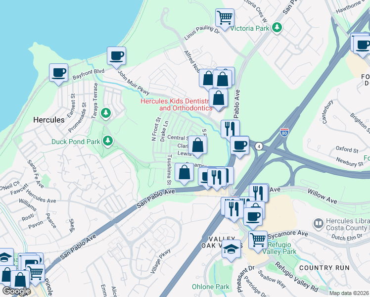 map of restaurants, bars, coffee shops, grocery stores, and more near 2054 Clark Street in Hercules