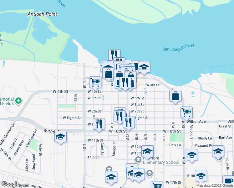 map of restaurants, bars, coffee shops, grocery stores, and more near 406 H Street in Antioch