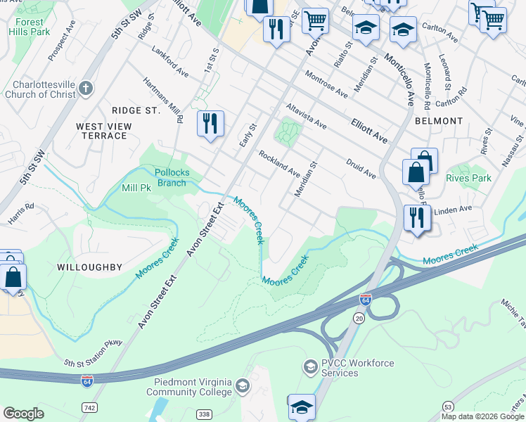 map of restaurants, bars, coffee shops, grocery stores, and more near 1613 Meridian Street in Charlottesville