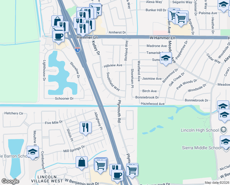 map of restaurants, bars, coffee shops, grocery stores, and more near 7129 Kelley Drive in Stockton