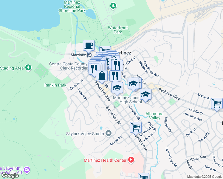 map of restaurants, bars, coffee shops, grocery stores, and more near 1025 Alhambra Avenue in Martinez