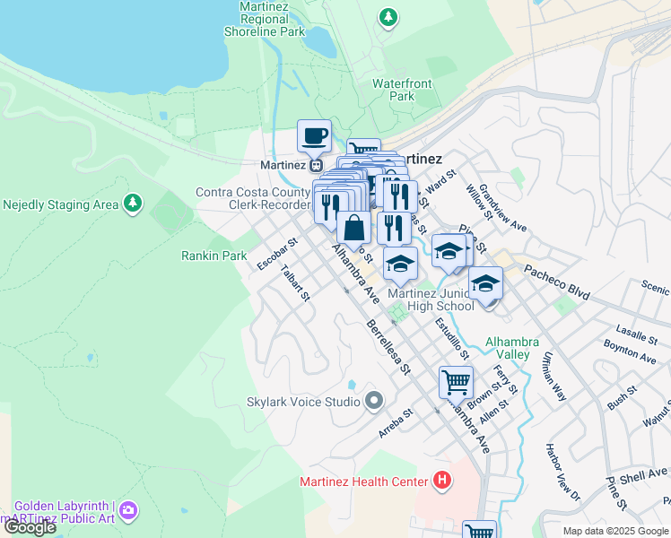 map of restaurants, bars, coffee shops, grocery stores, and more near 925 Berrellesa Street in Martinez