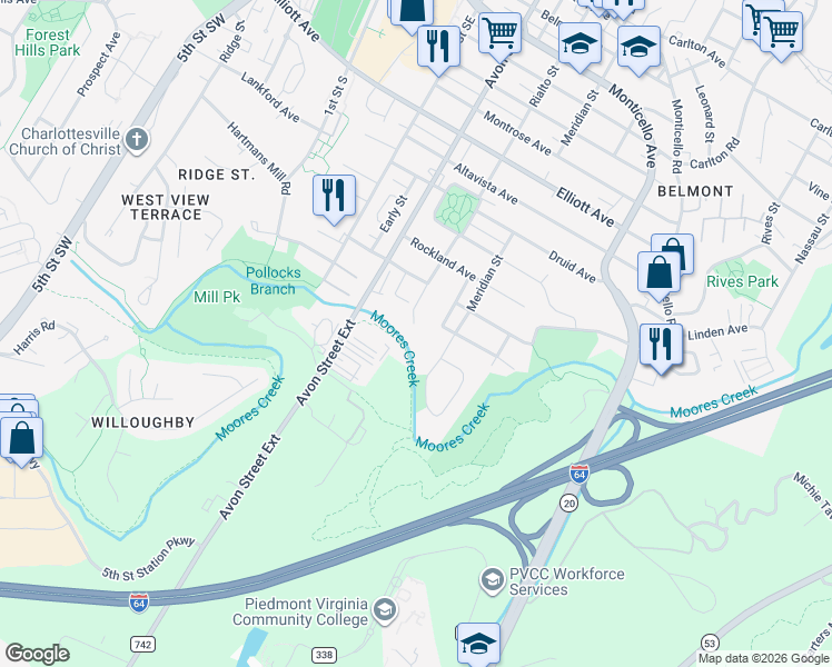 map of restaurants, bars, coffee shops, grocery stores, and more near 1613 Meridian Street in Charlottesville
