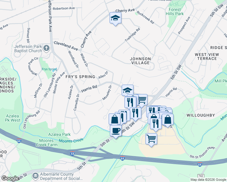 map of restaurants, bars, coffee shops, grocery stores, and more near 105 Longwood Drive in Charlottesville