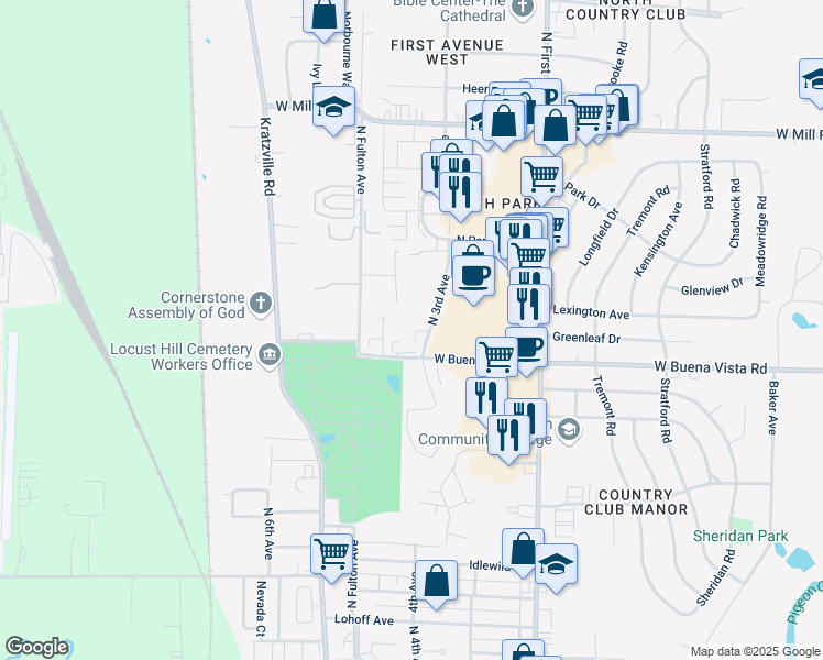 map of restaurants, bars, coffee shops, grocery stores, and more near 1201 West Buena Vista Road in Evansville