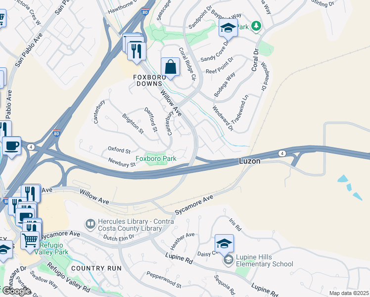 map of restaurants, bars, coffee shops, grocery stores, and more near 120 Worthing in Hercules