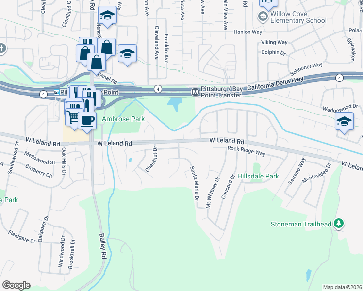 map of restaurants, bars, coffee shops, grocery stores, and more near 1098 Alamo Court in Pittsburg