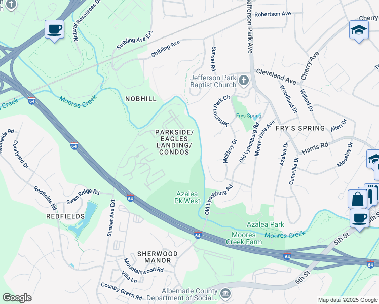 map of restaurants, bars, coffee shops, grocery stores, and more near 767 Denali Way in Charlottesville