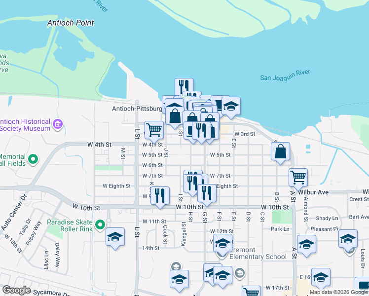 map of restaurants, bars, coffee shops, grocery stores, and more near 711 West 4th Street in Antioch